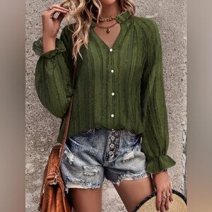 Dark Green Ruffle Collar Button Front Lotus Long Sleeves Chiffon Top Coquette